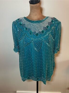 Vintage Stenay Teal Beaded Embellished Women's Blouse